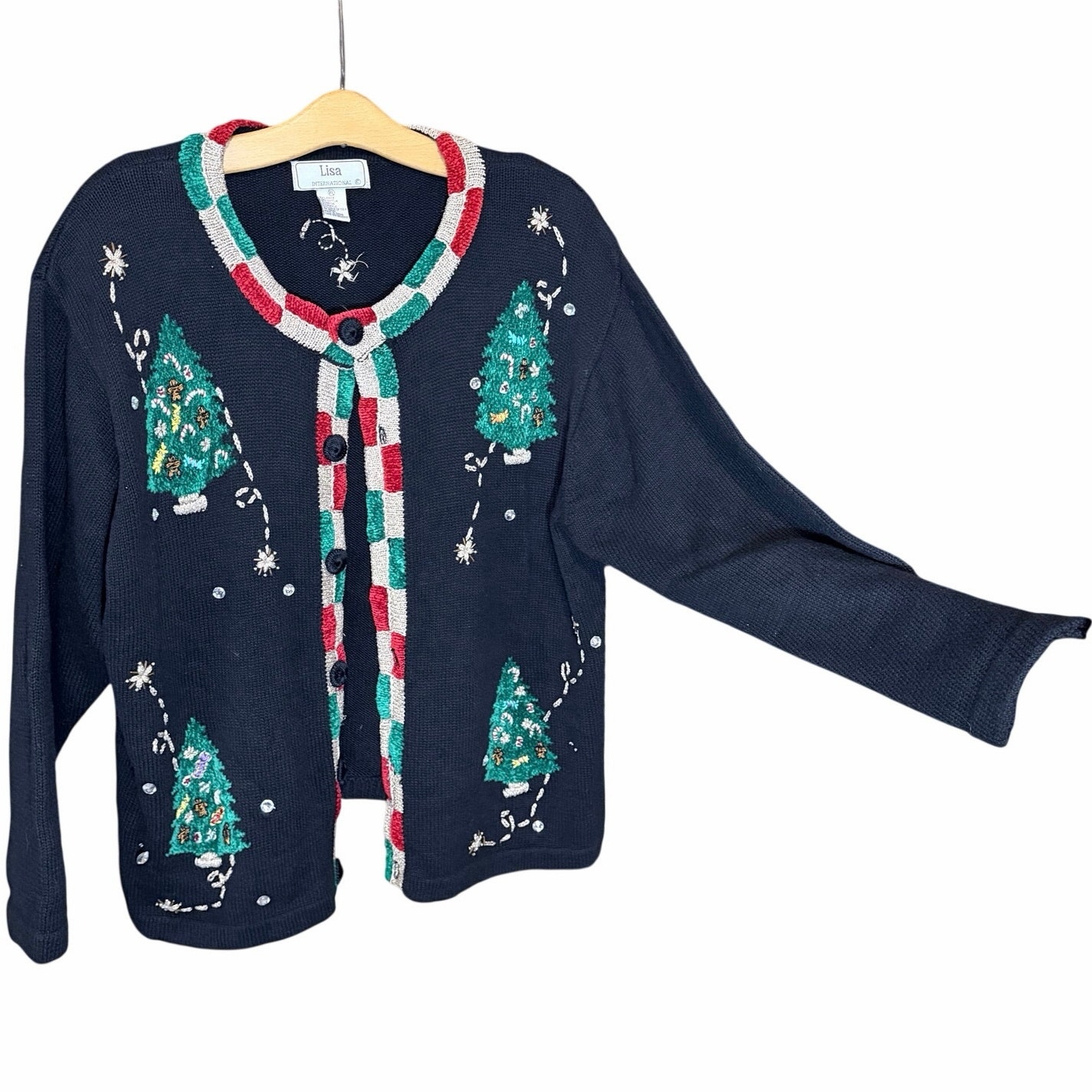 Lisa International Vintage Christmas Tree Cardigan Embellish Holiday Sweater Xl